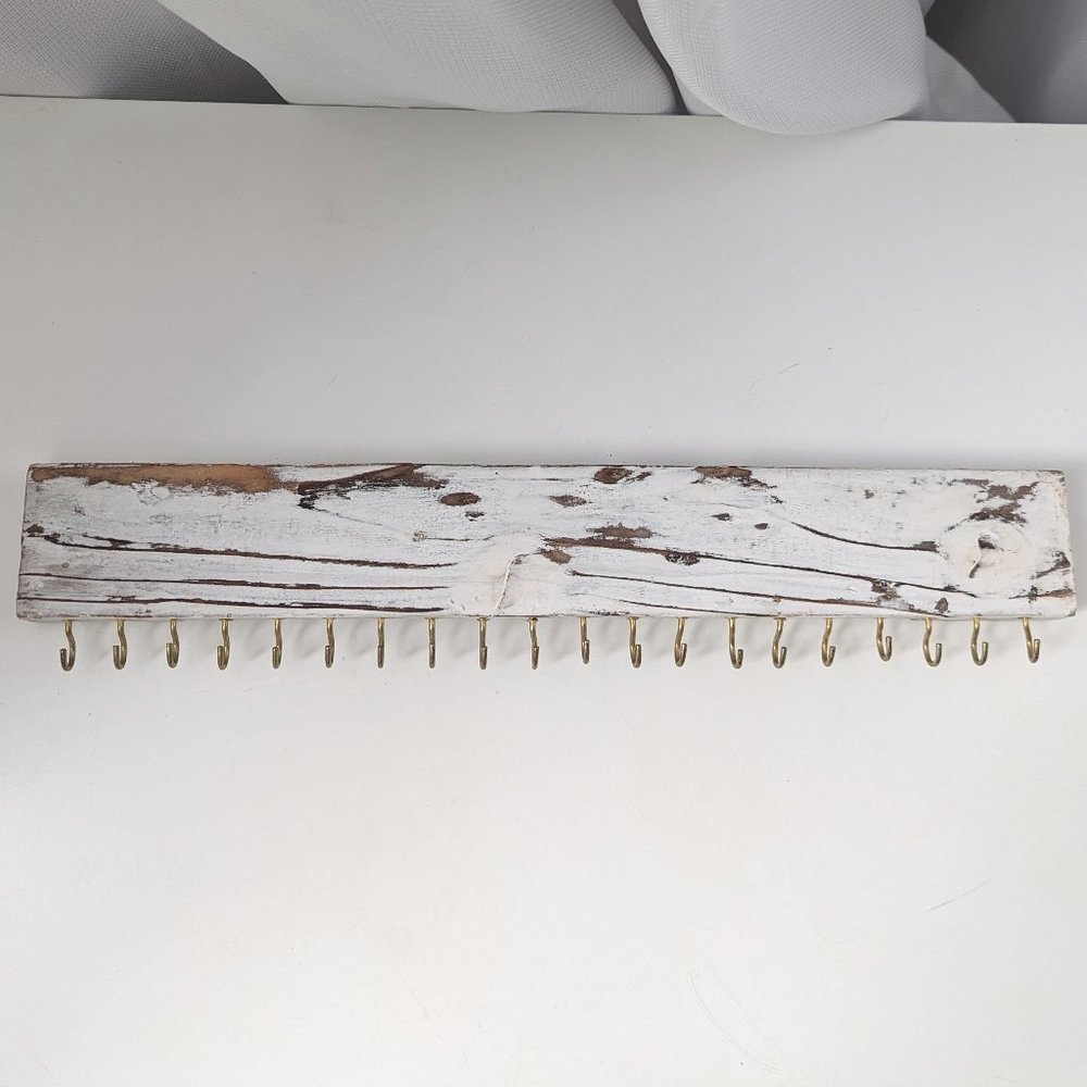 Jewelry Organizer, White Distressed Wood, Wall Mounted, Gold/Brass Hooks